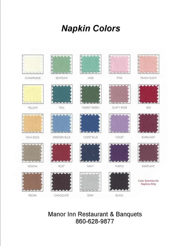 The Manor Inn paper napkin color chart — a grid of the linen napkin colors available to choose from for your wedding reception