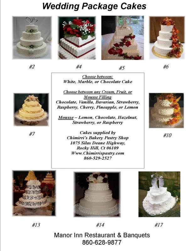 Wedding cake styles offered at the Manor Inn